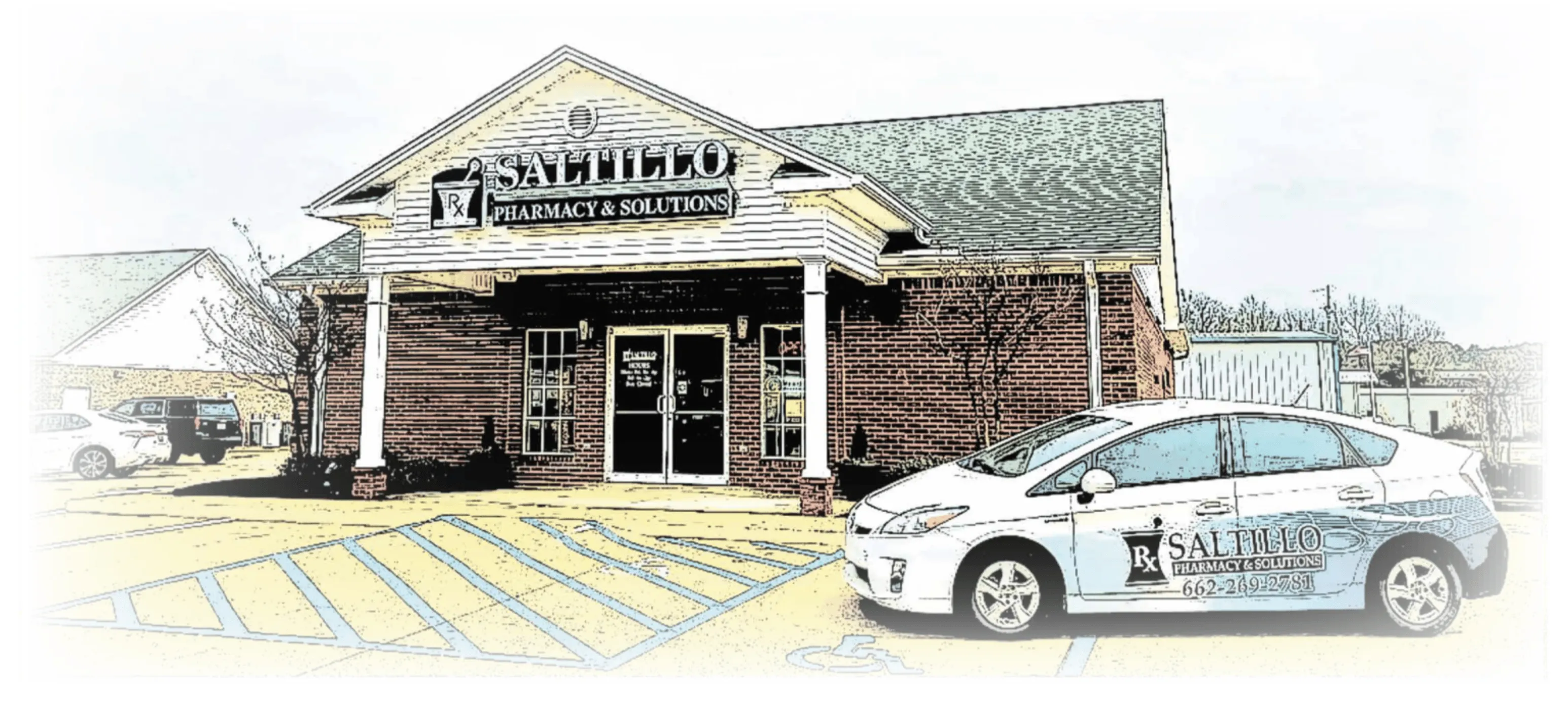 Saltillo Pharmacy and Solutions storefront with the delivery car parked outside