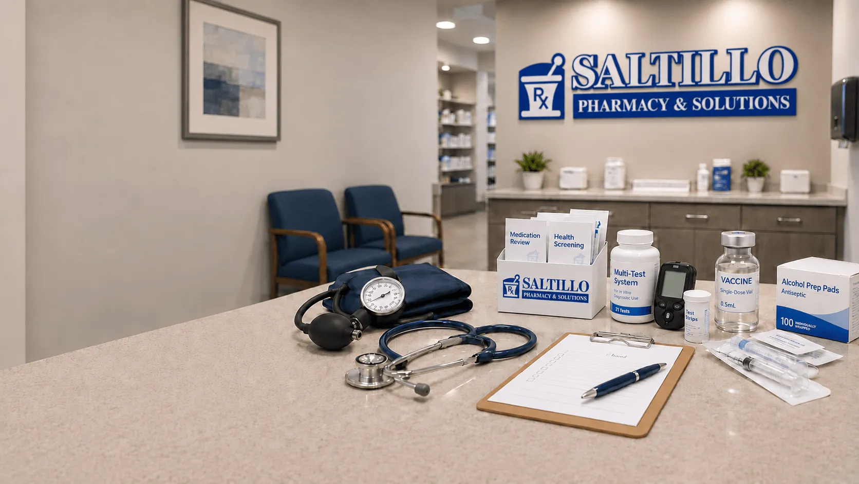Blood pressure cuff, vaccine vial and testing supplies at the pharmacy counter
