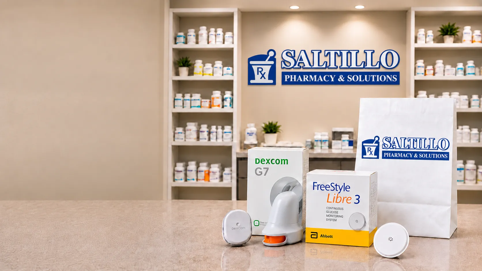 Dexcom G7 and FreeStyle Libre 3 glucose monitors at Saltillo Pharmacy and Solutions