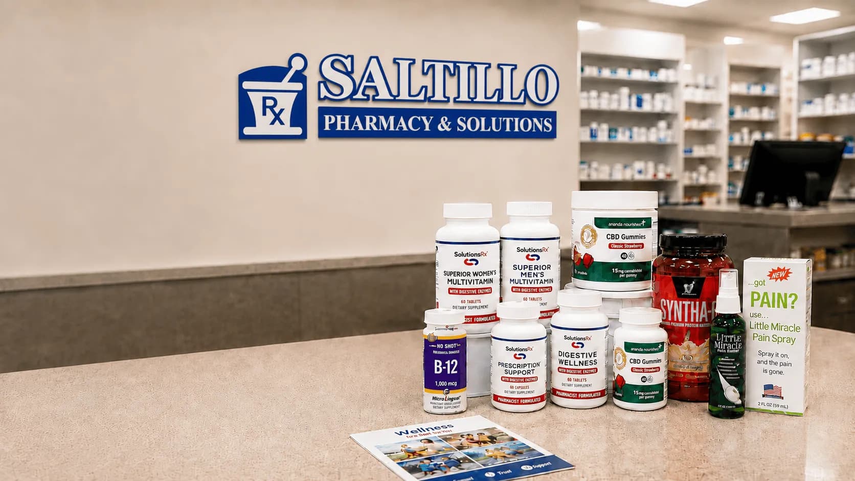 SolutionsRx vitamins and wellness products on the pharmacy counter